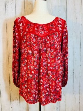 🌺 Mason & Belle Floral Boho Blouse | Red Lace Yoke Peasant Top | Medium